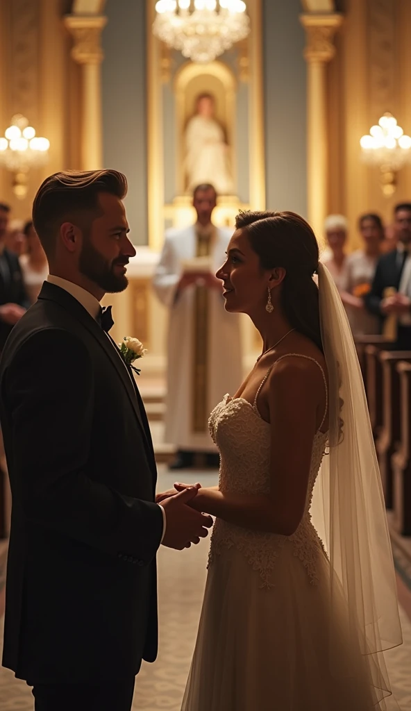 Cover for romantic novel where beautiful bride and groom positioned at the center, in front of Priest in beautiful and elegant church with soft lighting and full off guests. Bride and Groom stands separate. Cinematic action scene, highly detailed, wide shot, Low Angle Shot, 4K, highly detailed, epic scene, dynamic scene. PEYGAN SINCLAIR, a handsome man in his early 30s. The man looks elegant and stylish. He has a well-styled haircut featuring a classic look. His hair is medium-length on top with a slight wave, adding volume and texture, while the sides and back appear shorter and neatly trimmed. The hairstyle is likely achieved with a side part, giving it a clean, refined appearance.His beard and mustache that complements his strong jawline. His skin tone is fair, and his features are sharp and defined. He is dressed in a classic black suit with a white shirt and bow tie. His facial expression is calm and focused. His eyes are nearly closed. Overall, the man gives the impression of an elegant, well-groomed, and confident person. The Priest stands between the MALEFICENT DANICA and PEYGAN SINCLAIR, reciting vows. The lighting in the scene creates a soft outline of their profile, adding drama and depth to the image.