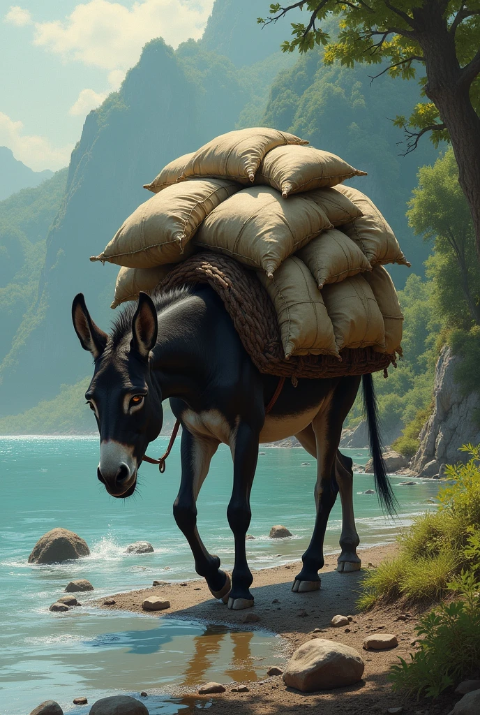 A donkey carrying many sacks went to the river to drink water and the donkey drowned