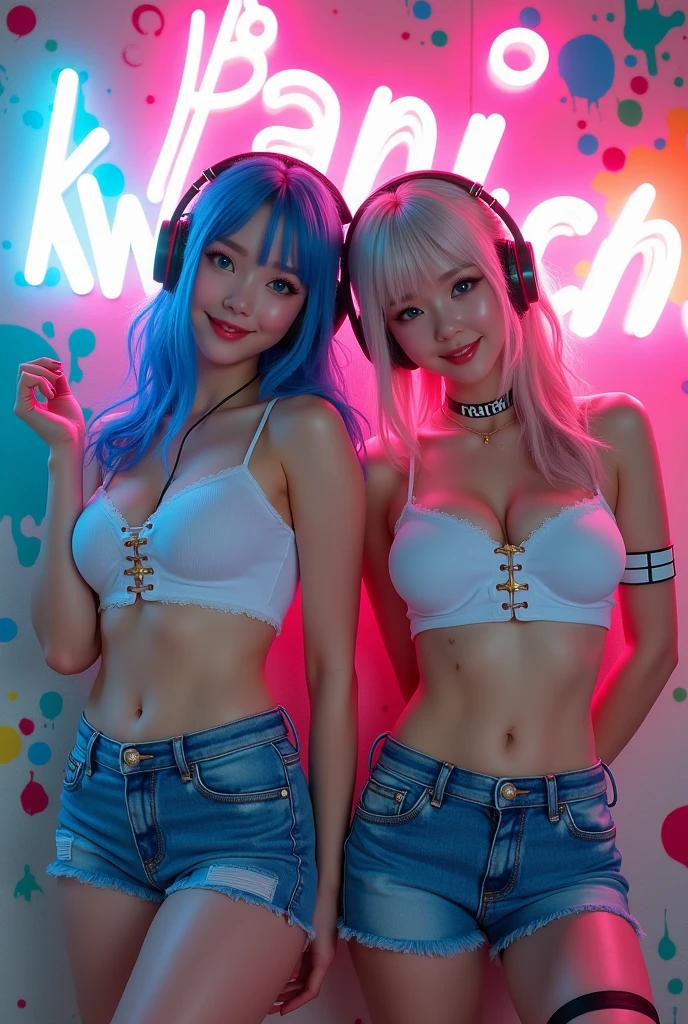 Photo realistic , best quality, 2 japan girl, crop top, denim shorts, choker, paint splatter, arms behind back, wall paint full color text"KW PANICH", looking at viewer, armband, thigh strap, paint on body, head tilt, smile, multicolored hair, aqua eyes, headset,((( big hips, very big breast))), sign led"KW PANICH".