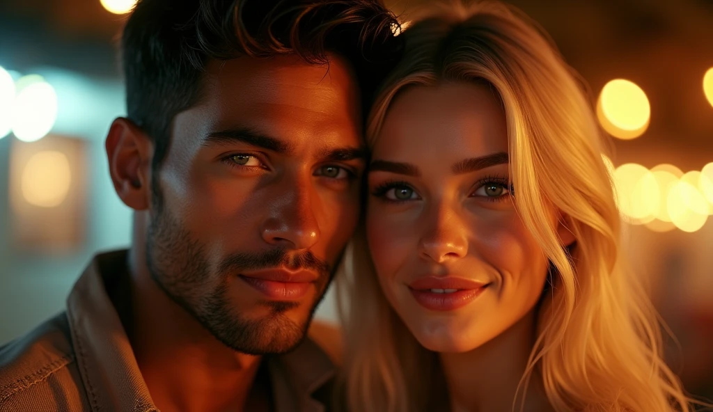 a beautiful young brazilian man with very short hair, a very cute and blonde woman, couple looking at camera, highly detailed, photorealistic, 8k, dramatic lighting, warm colors, masterpiece