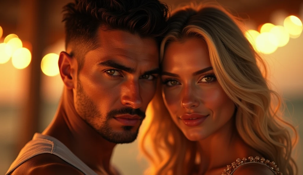 a beautiful young brazilian man with very short hair, a very cute and blonde woman, couple looking at camera, highly detailed, photorealistic, 8k, dramatic lighting, warm colors, masterpiece