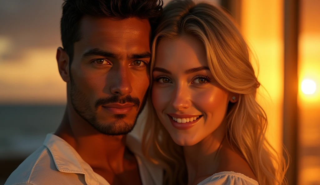 a beautiful young brazilian man with very short hair, a very cute and blonde woman, couple looking at camera, highly detailed, photorealistic, 8k, dramatic lighting, warm colors, masterpiece