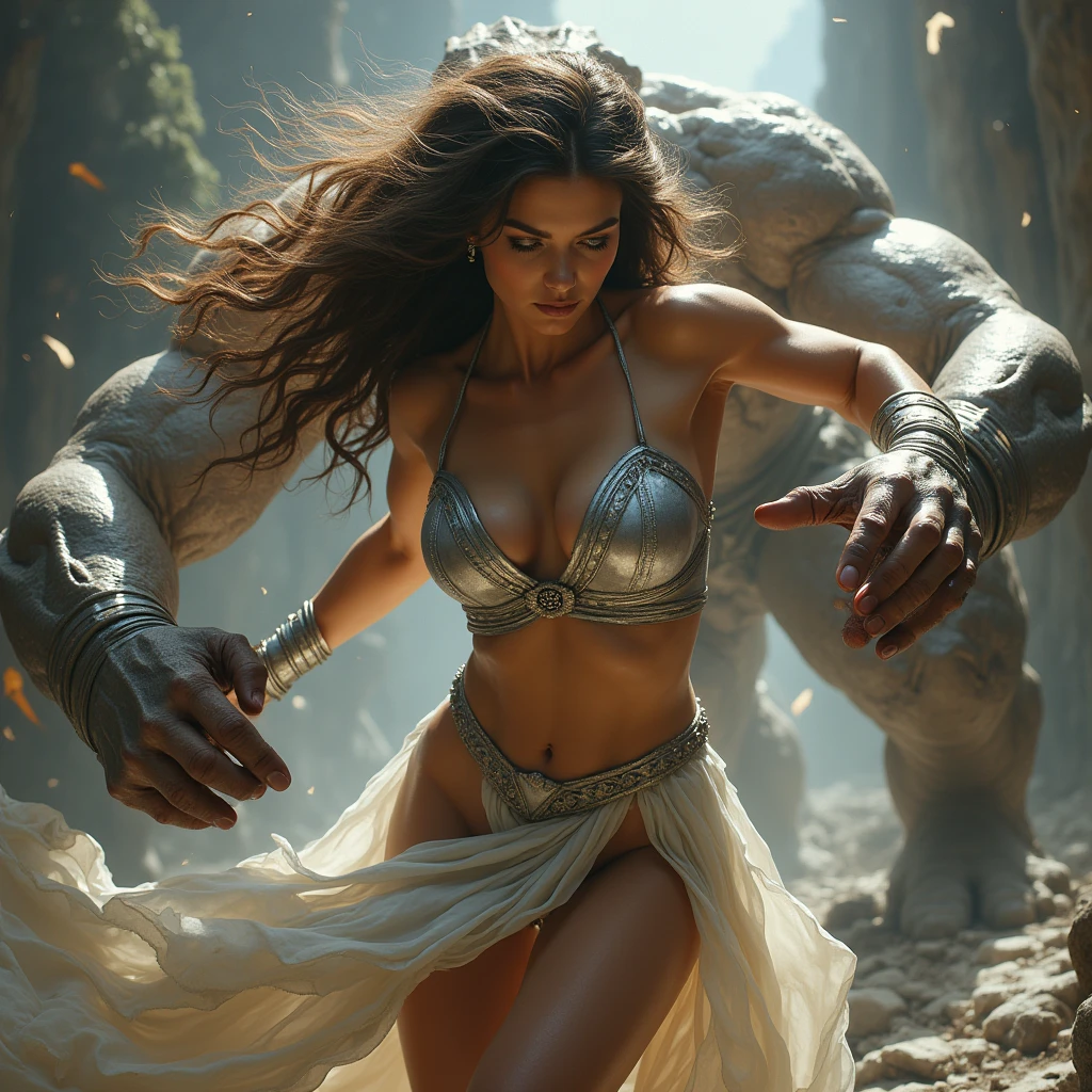 A slight tanned Goddess like athena, body like a sculpture in platinum armor with long beautiful brown hair and deep dark brown eyes, ripping apart a monster with her bare hands, epitome of beauty