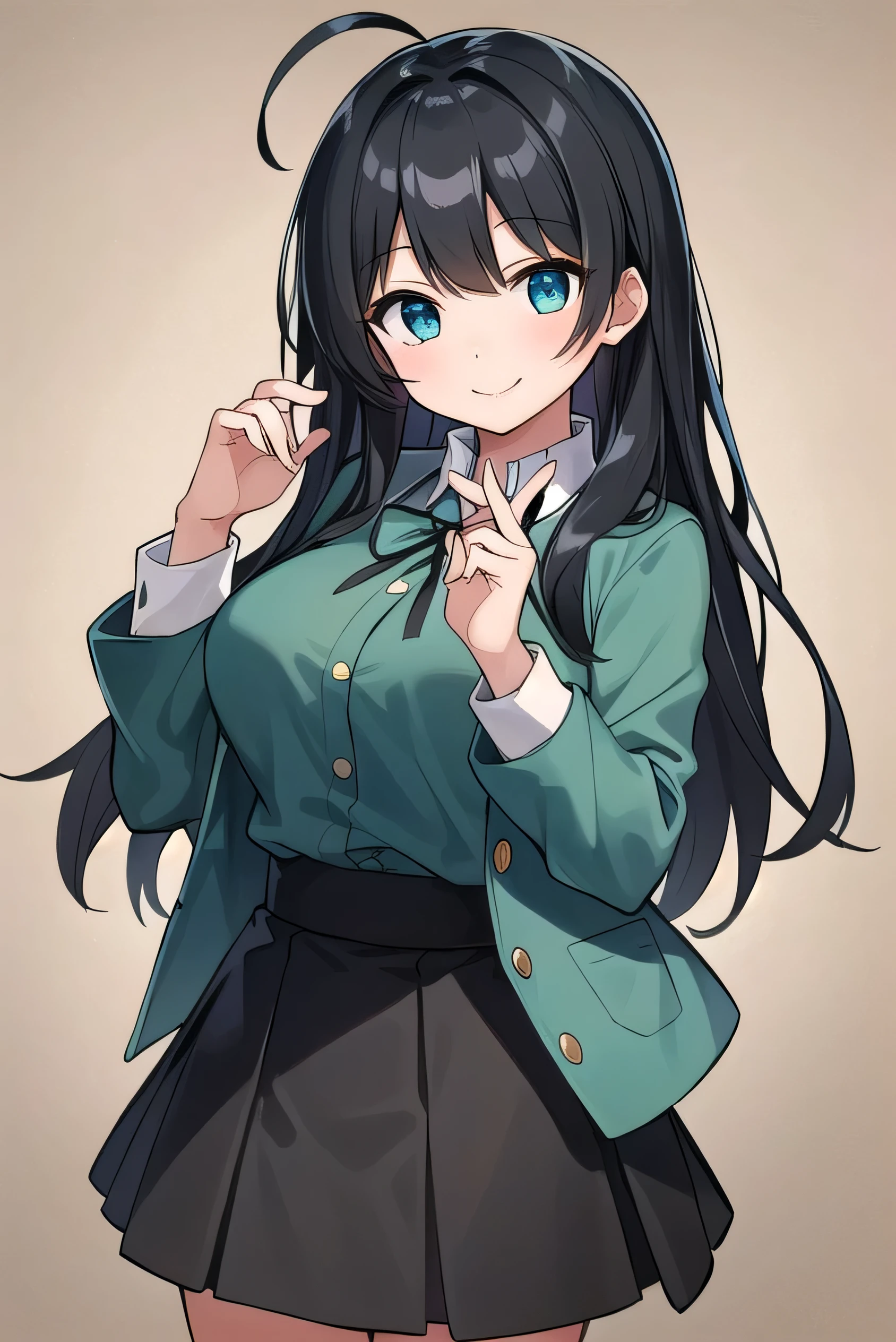 Junior high school student who looks like an elementary school student, , very short, 140 cm tall, black hair with a slight green tinge, short ahoge, beautiful long hair but with a little hair sticking out, beautiful round eyes, blue eyes, smile, boyish, long sleeves, Thick clothes, skirt, big breasts, hair longer than waist, long hair, childish face, gentle smile, a little shy, black skirt, black hair with a slight green tinge, boyish, gentle smile, jacket one size larger, ( Deep greenish black hair: 1.3)