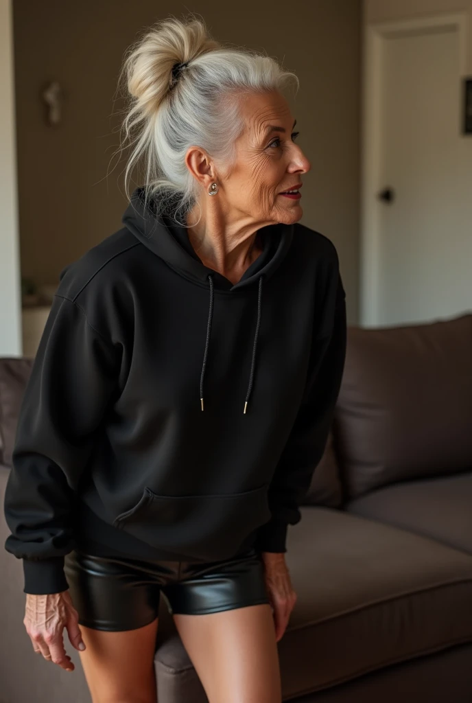 black woman hair in a bun black hoodie black leather short shorts getting fucked in the ass by a old age white grandma in a dress in a living room sexy ass