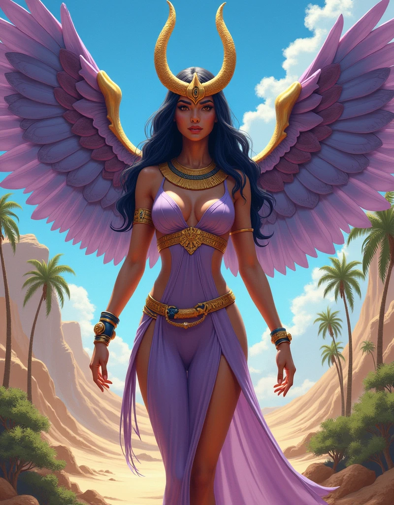 An image of an attractive and beautiful woman, Astarte is the goddess of war in Egyptian mythology, dressed in a COLORED outfit #DAC9DF, sexy egyptian woman, has big wings on his back, He wears an Egyptian crown on his head that represents triumph.. oasis in the desert.