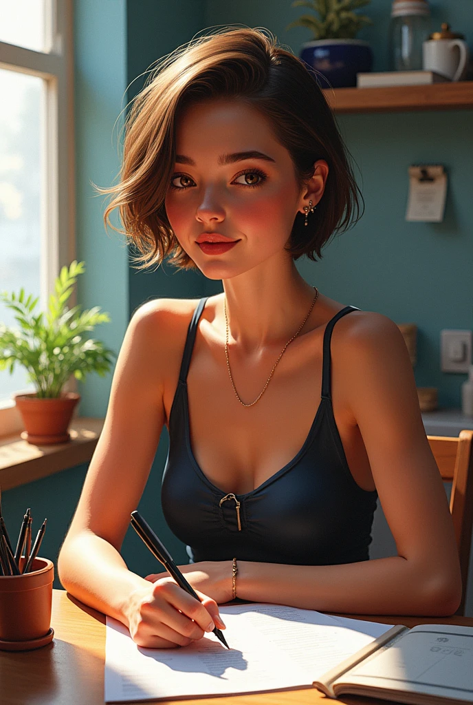 colourful drawing, very realistic of a woman of about 2, with Latin strokes, body similar to that of athlete Jutta Leerdam, short and stylish hair. She is at a table, studying.