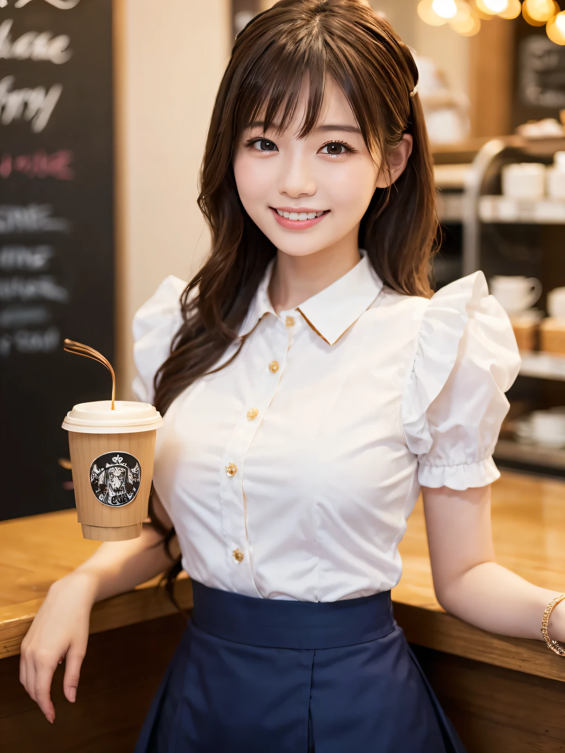 1 girl、(RAW Photos、Highest quality)、(Real、Photoreal:1.4)、Tabletop、Very delicate and beautiful、Very detailed、2k wallpaper、wonderful、Detailed、very detailedCG Unity 8K wallpaper、Super detailed、Age 25、(Yellow waitress outfit)、Pleated skirt、Frills Skirt、Big Breasts、Perfect Style、Frills、ribbon、Soft Light、Beautiful detailed girl、Bob Hair、Puff sleeves、Waitress in a café、smile、Happy Face、coffee shop、Coffee Drip