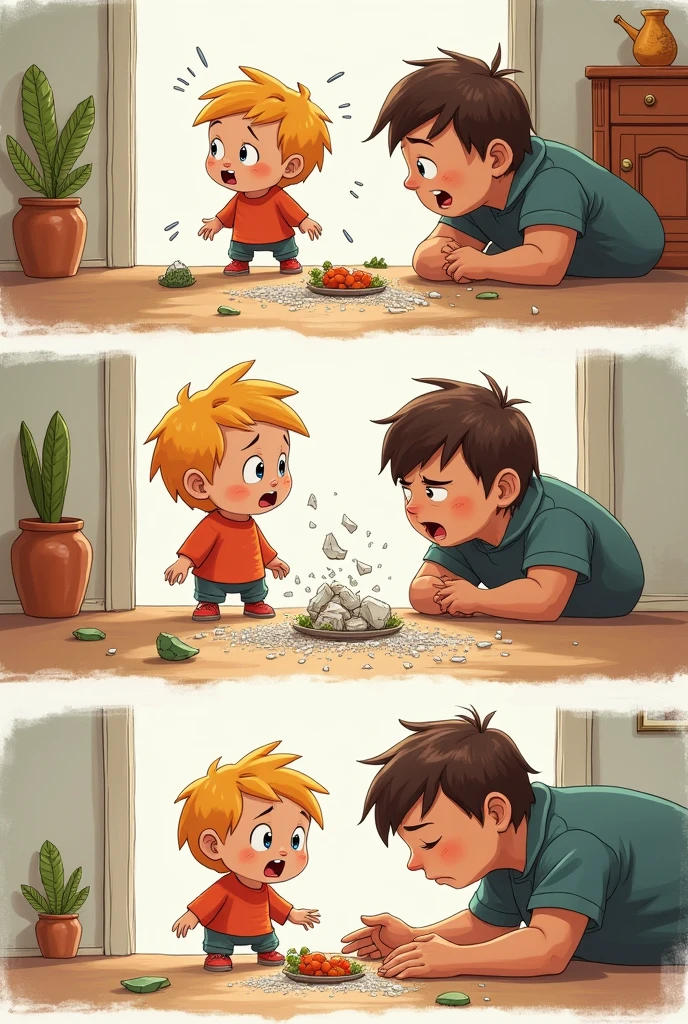 Draw three boxes on a piece of paper. In the first box, draw a child breaking something (ex. expensive vase, figurine or a glass). In the second box, draw the response of the child when asked by the mother what happened. In the third box, draw the reaction of the parent.
