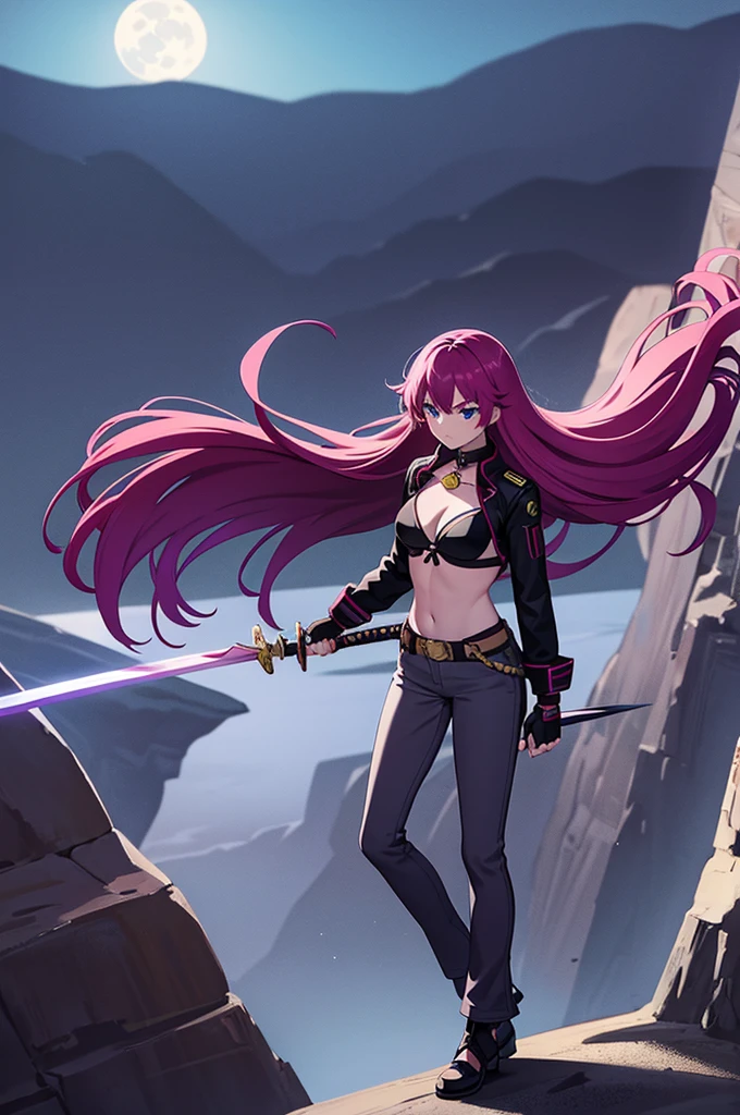 long magenta hair, bikini, dark grey flared pants, fingerless gloves, bell-bottoms, blue eyes, sword, 1girl, night, canyon, moon