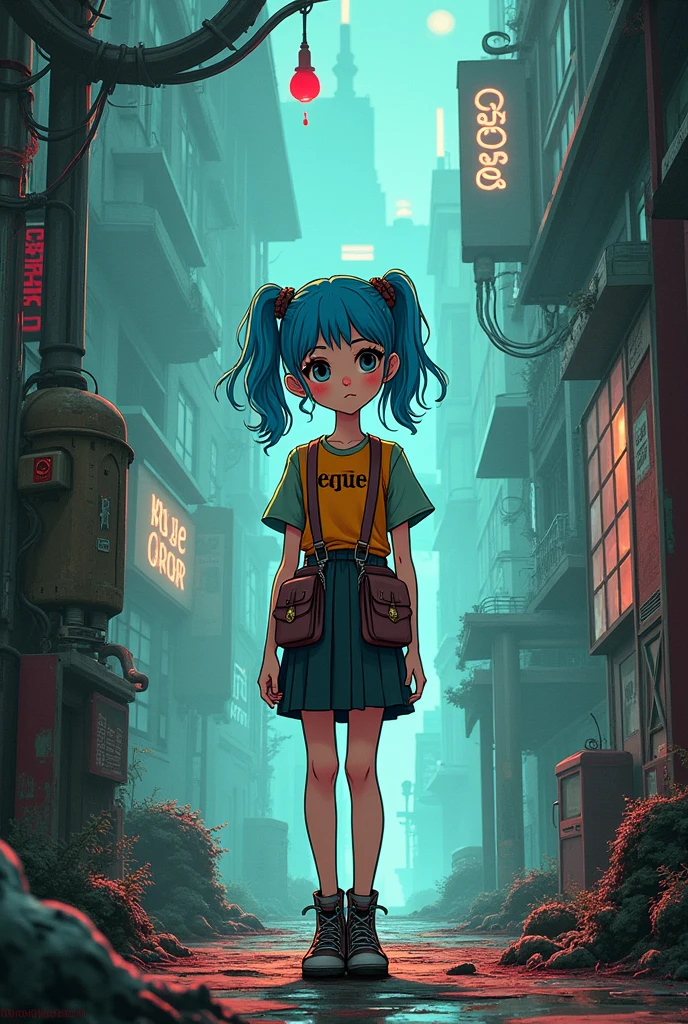 Create an image of a Disney animated movie girl named Alice/License for a movie called Wonderland, However, the film will be the story of Wonderland in a more current way and will have several social criticisms and some macabre subjects and very current things and the clothes too.,It will be a girl with hair dyed with blue brown roots,11/ and rebellious 