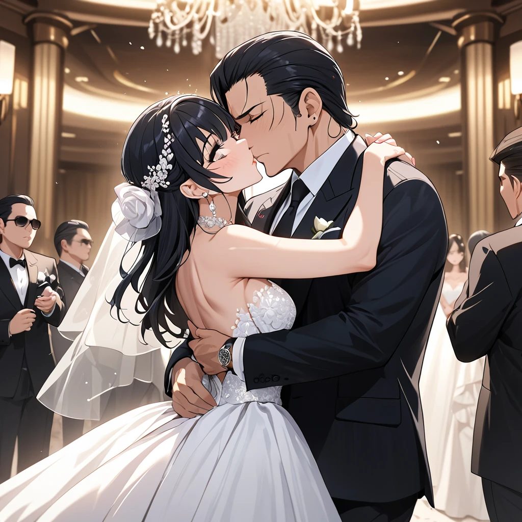 ((Highest quality)), ((masterpiece)), (detailed), （Perfect Face）、The woman is Reika Aoki, the wife of a mafia boss, with medium-long black hair and an engagement ring.、At a luxurious wedding hall, a woman is wearing a gorgeous wedding dress and embracing a mafia boss man, kissing him in oath, having a luxurious mafia wedding and being blessed by mafia members.