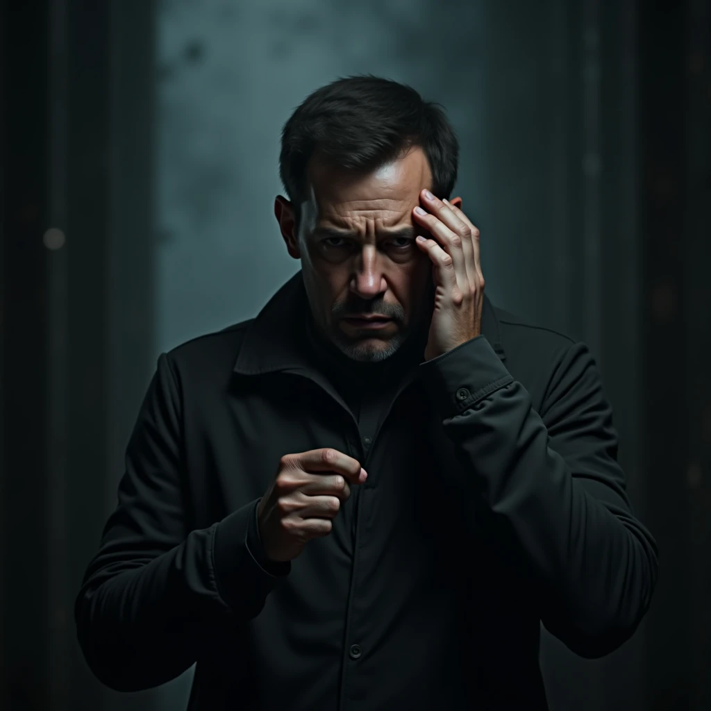 worried man, enviroment,dark ,with strong colors with hand on face