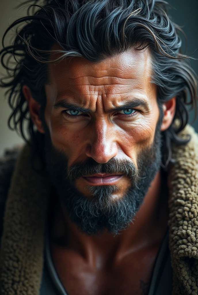 intense blue eyes, thick dark hair, weathered skin, strong jawline, commanding expression.
Male
Greek