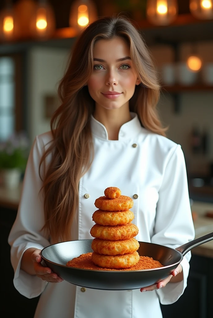 a beautiful female chef with long flowing hair, wearing a chef's jacket, holding a large frying pan with a tower of croquettes, realistic photographic style, green eyes, high detail, 8k, masterpiece, (best quality,4k,8k,highres,masterpiece:1.2),ultra-detailed,(realistic,photorealistic,photo-realistic:1.37),HDR,UHD,studio lighting,ultra-fine painting,sharp focus,physically-based rendering,extreme detail description,professional,vivid colors,bokeh