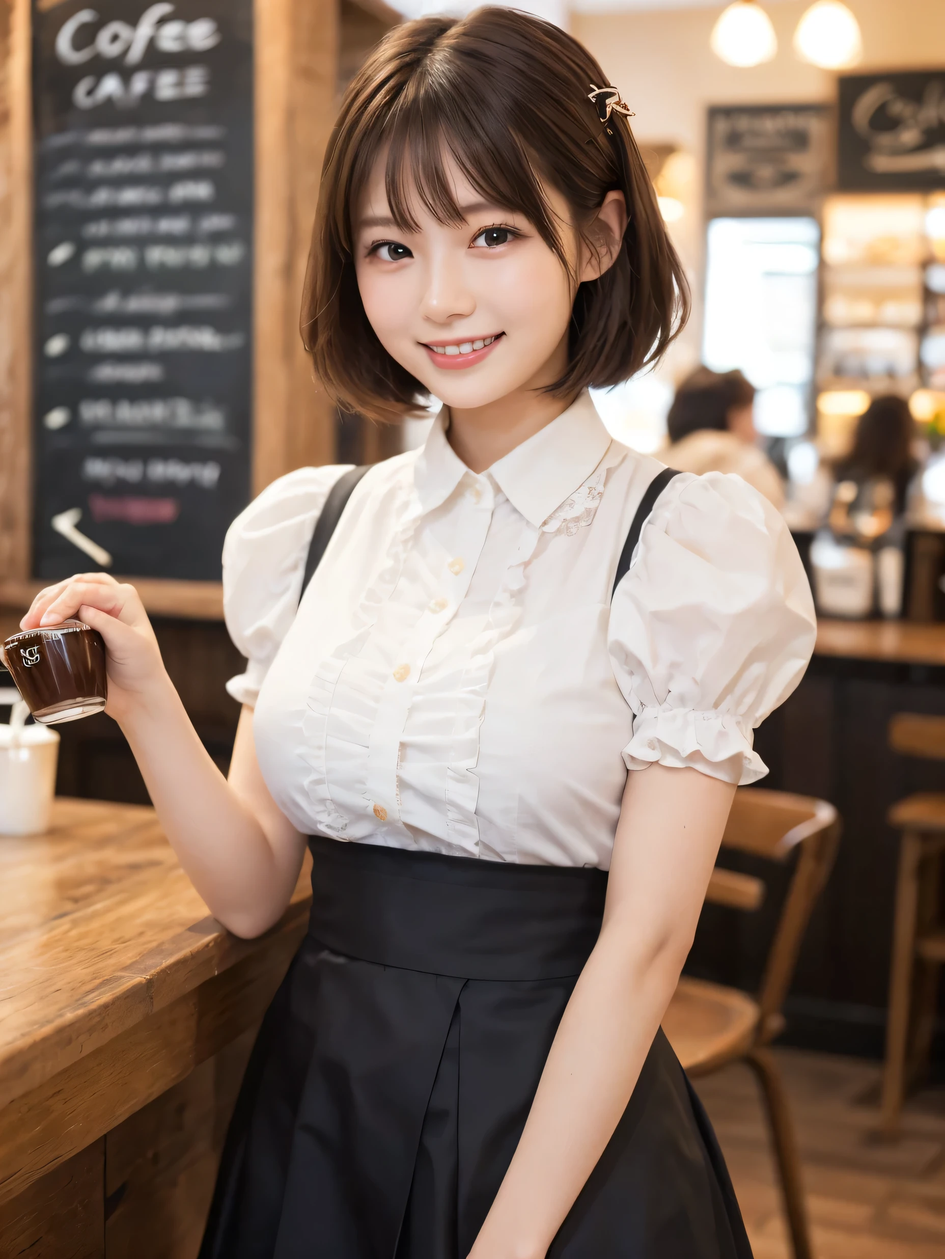 1 girl、(RAW Photos、Highest quality)、(Real、Photoreal:1.4)、Tabletop、Very delicate and beautiful、Very detailed、2k wallpaper、wonderful、Detailed、very detailedCG Unity 8K wallpaper、Super detailed、Age 25、(Yellow waitress outfit)、Pleated skirt、Frills Skirt、Big Breasts、Perfect Style、Frills、ribbon、Soft Light、Beautiful detailed girl、Bob Hair、Puff sleeves、Waitress in a café、smile、Happy Face、coffee shop、Coffee Drip