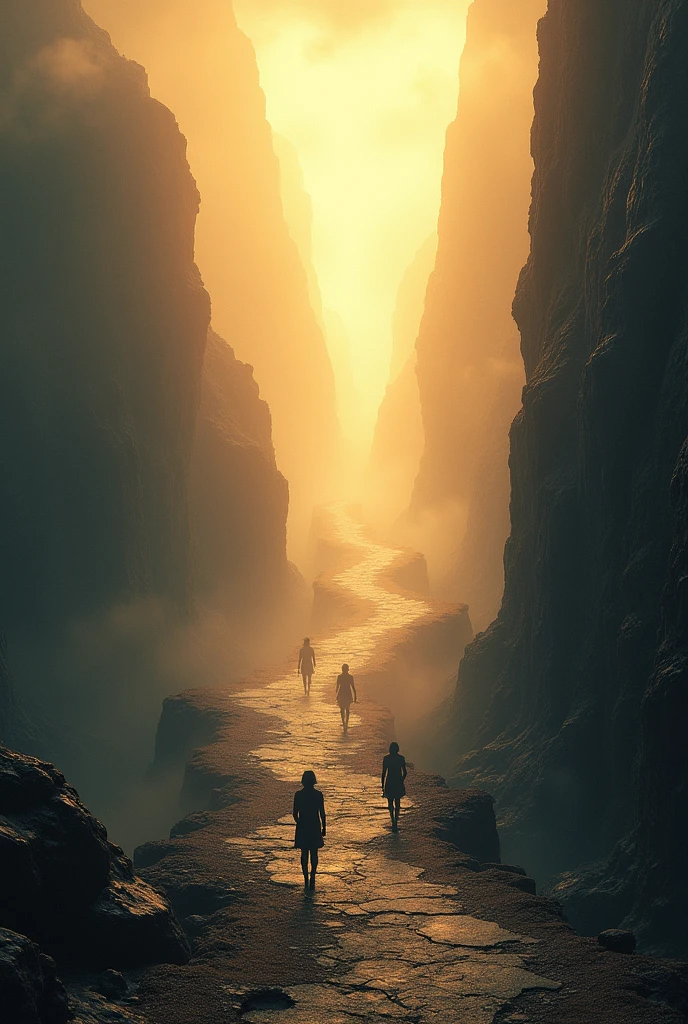A path between heaven and hell, realistic, dramatic scene, 4k ,50mm canon lens, with bright golden light above