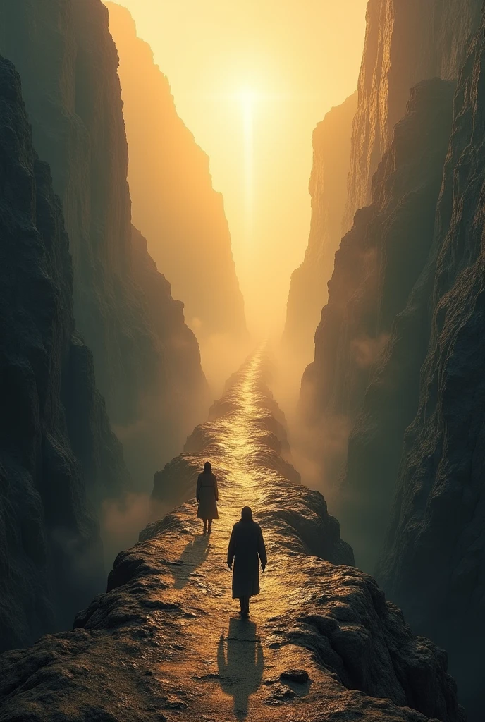 A path between heaven and hell, realistic, dramatic scene, 4k ,50mm canon lens, with bright golden light above