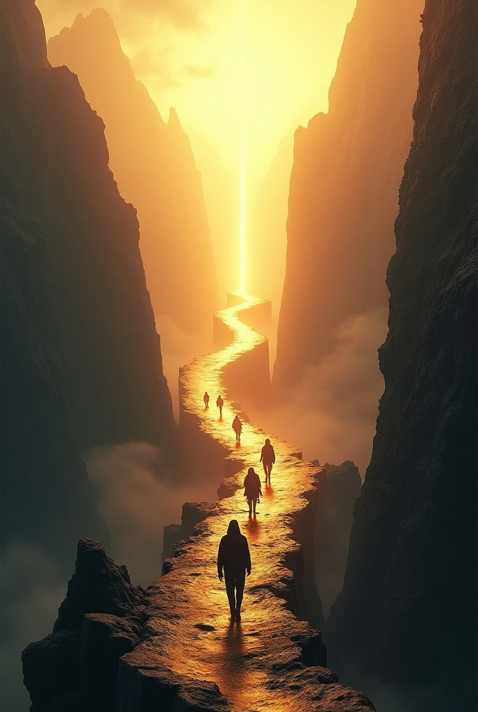 A path between heaven and hell, realistic, dramatic scene, 4k ,50mm canon lens, with bright golden light above