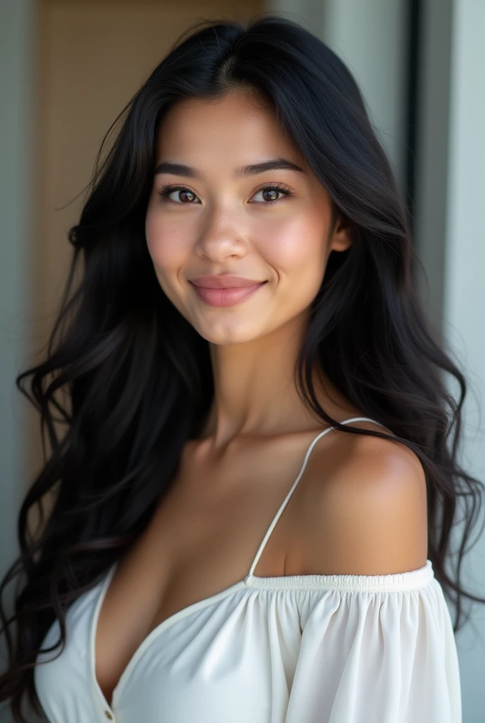 Photo of a cute sweet Brazilian woman with black hair and white skin aged between 20 and 2 to create a professional profile for a business profile involving communication in a simple way. Very realistic image in a simple way where you can't see that it was created