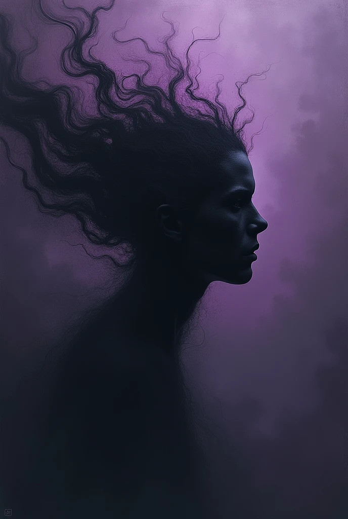 Black in black flying head with black vortex with purple behind
