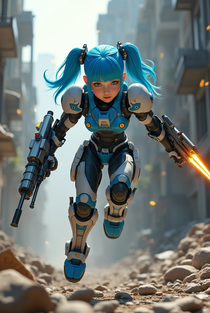 3DCG concept art.A girl in a robot armor fighting in the ruins on the ground,The girl is  and has blue hair.Twin tails Hairstyle Very beautiful face,The girl is wearing a heavy robot armor in a rugged blue and white color scheme with yellow here and there.The entire body armor is fitted with stylish reactive armor.Blue and A stylish yet rugged shield is attached to the left arm, and a stylish long-barreled electromagnetic rail cannon is mounted on the right shoulder.With a stylish beam rifle in his right hand,The girl moves by hovering,The girl is attacking enemies on a building in an alleyway in a ruined city with a cannon on her right shoulder.Laser emission effect from a cannon,The girl is watching the enemy on the building,The background is of a realistic abandoned cityscape, with lots of rubble and shell casings on the ground.The girl's beautiful hair texture and luster, detailed and realistic facial expression,The texture and shine of the robot armor, detailed depiction of scratches and dirt on the robot armor,The realistic texture of the robot armor mechanism and the detailed depiction of each part of the mechanism,Cowboy Shot,Ultra high quality, ultra high quality, (masterpiece, best quality, 4k, 8k,:1.5) ultra detail,Ultra-fine painting, 3D rendering, physically based rendering,Dramatic lighting, a picture like a scene from a movie,Sharp focus, professional-quality resolution,