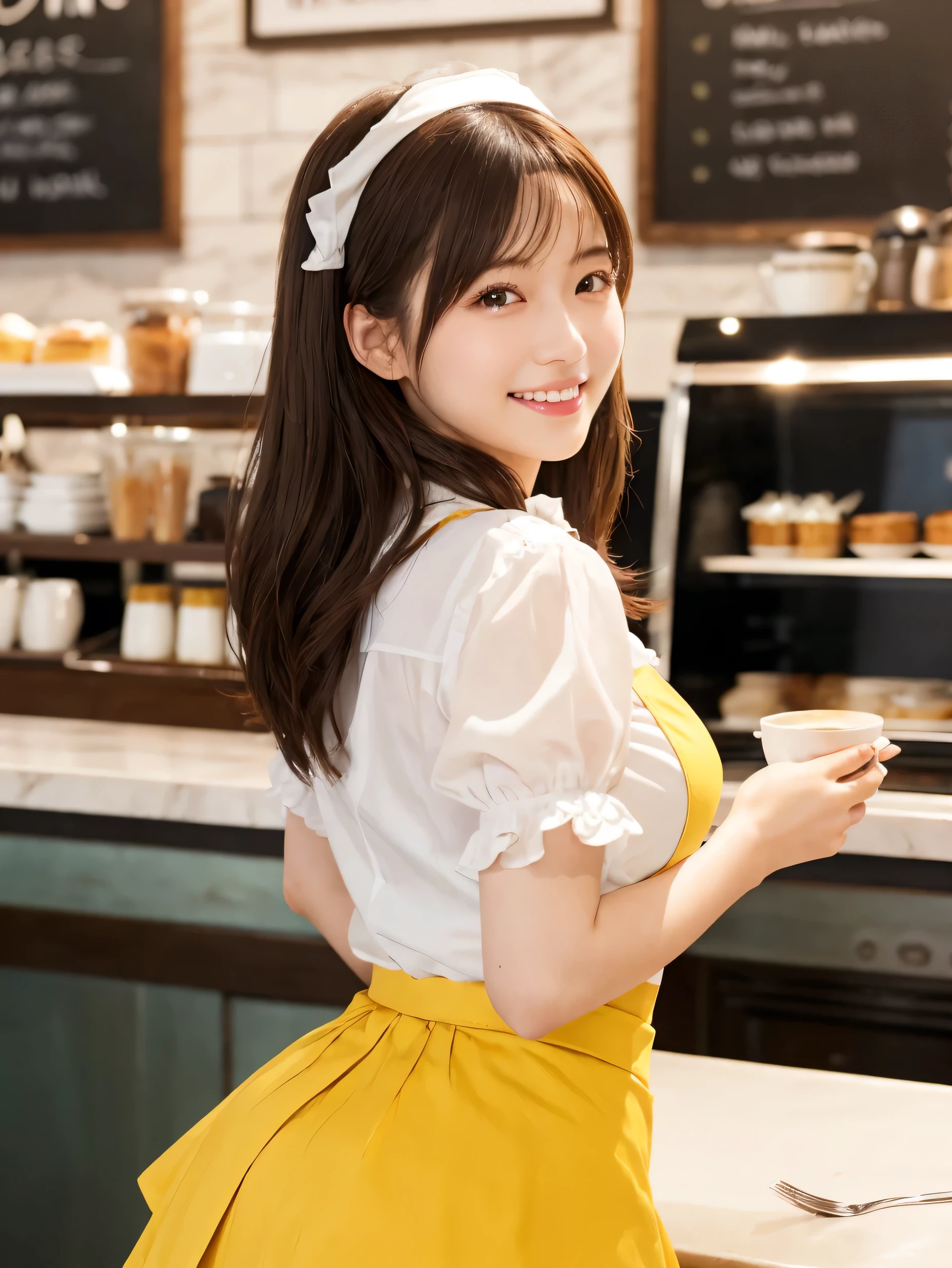 1 girl、(RAW Photos、Highest quality)、(Real、Photoreal:1.4)、Tabletop、Very delicate and beautiful、Very detailed、2k wallpaper、wonderful、Detailed、very detailedCG Unity 8K wallpaper、Super detailed、Age 25、(Yellow waitress outfit)、Pleated skirt、Frills Skirt、Big Breasts、Perfect Style、Frills、ribbon、Soft Light、Beautiful detailed girl、Bob Hair、Puff sleeves、Waitress in a café、smile、Happy Face、coffee shop
