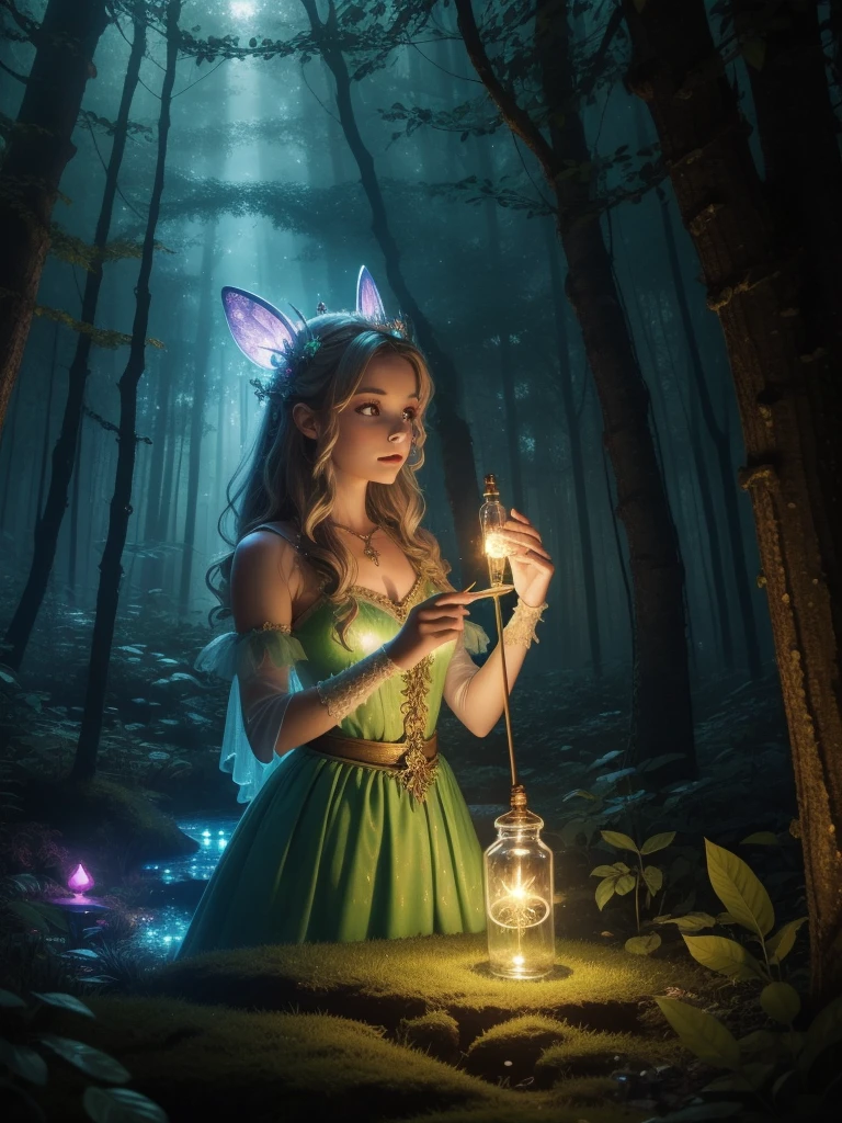best quality,8k,HD,masterpiece,Ultra Detailed,lifelike,flash,Enchanted Forest,magical atmosphere,Amazing scenery,Colorful,Glowing fairy,queen of the forest,Charming witches,Carefully cast,French formation,Cute fawn,glow,Fluorescence,wand casting,Bottle filled with glow liquid,Ethereal atmosphere