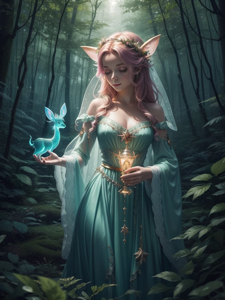 best quality,8k,HD,masterpiece,Ultra Detailed,lifelike,flash,Enchanted Forest,magical atmosphere,Amazing scenery,Colorful,Glowing fairy,queen of the forest,Charming witches,Carefully cast,French formation,Cute fawn,glow,Fluorescence,wand casting,Bottle filled with glow liquid,Ethereal atmosphere