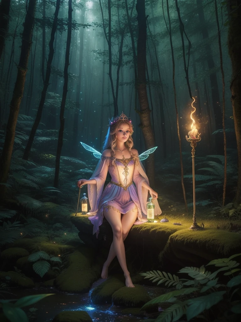 best quality,8k,HD,masterpiece,Ultra Detailed,lifelike,flash,Enchanted Forest,magical atmosphere,Amazing scenery,Colorful,Glowing fairy,queen of the forest,Charming witches,Carefully cast,French formation,Cute fawn,glow,Fluorescence,wand casting,Bottle filled with glow liquid,Ethereal atmosphere