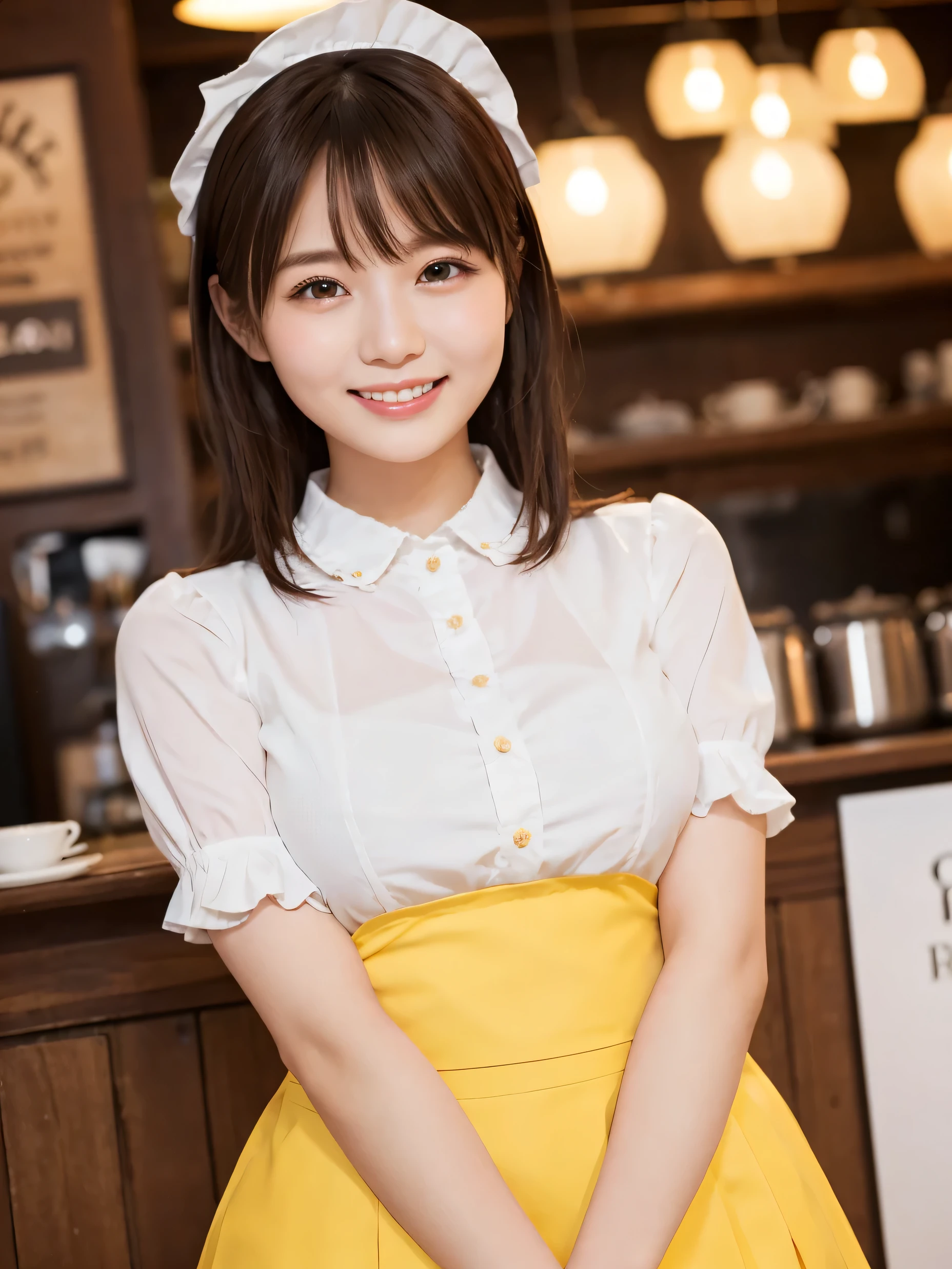 1 girl、(RAW Photos、Highest quality)、(Real、Photoreal:1.4)、Tabletop、Very delicate and beautiful、Very detailed、2k wallpaper、wonderful、Detailed、very detailedCG Unity 8K wallpaper、Super detailed、Age 25、(Yellow waitress outfit)、Pleated skirt、Frills Skirt、Big Breasts、Perfect Style、Frills、ribbon、Soft Light、Beautiful detailed girl、Bob Hair、Puff sleeves、Waitress in a café、smile、Happy Face、coffee shop