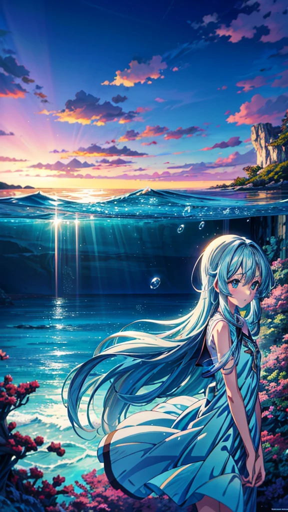 "A beautiful underwater scene in an anime style, featuring serene and clear blue water with rays of sunlight filtering through, highlighting vibrant coral reefs and colorful marine life. The background includes soft, distant waves with small bubbles rising. A girl with long flowing hair, wearing a light dress, is swimming gracefully through the water, surrounded by a peaceful, calm atmosphere. The scenery is detailed and immersive, capturing the beauty of nature and tranquility of the ocean. Anime Nature, Anime Background, Wallpaper Anime Blue Water, Detailed Landscape, Anime Scenery, Peaceful scenes in anime."