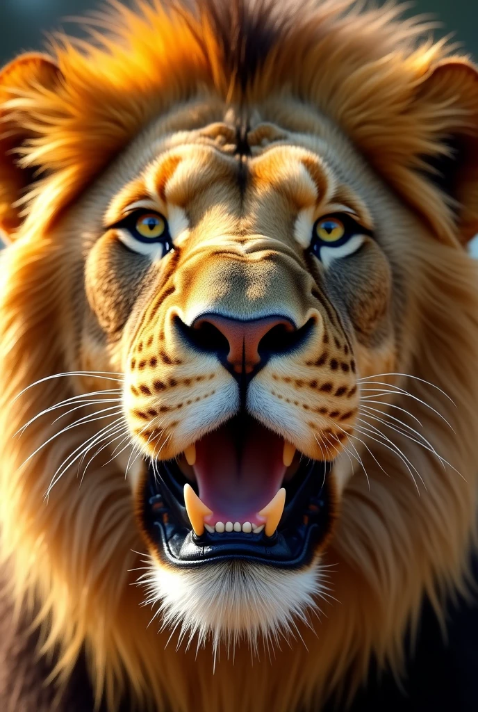 Close-up image of a lion's face, turned directly towards the camera, with a very close zoom showing detailed features. The lion is depicted smiling, with a friendly expression, in its natural golden fur color.