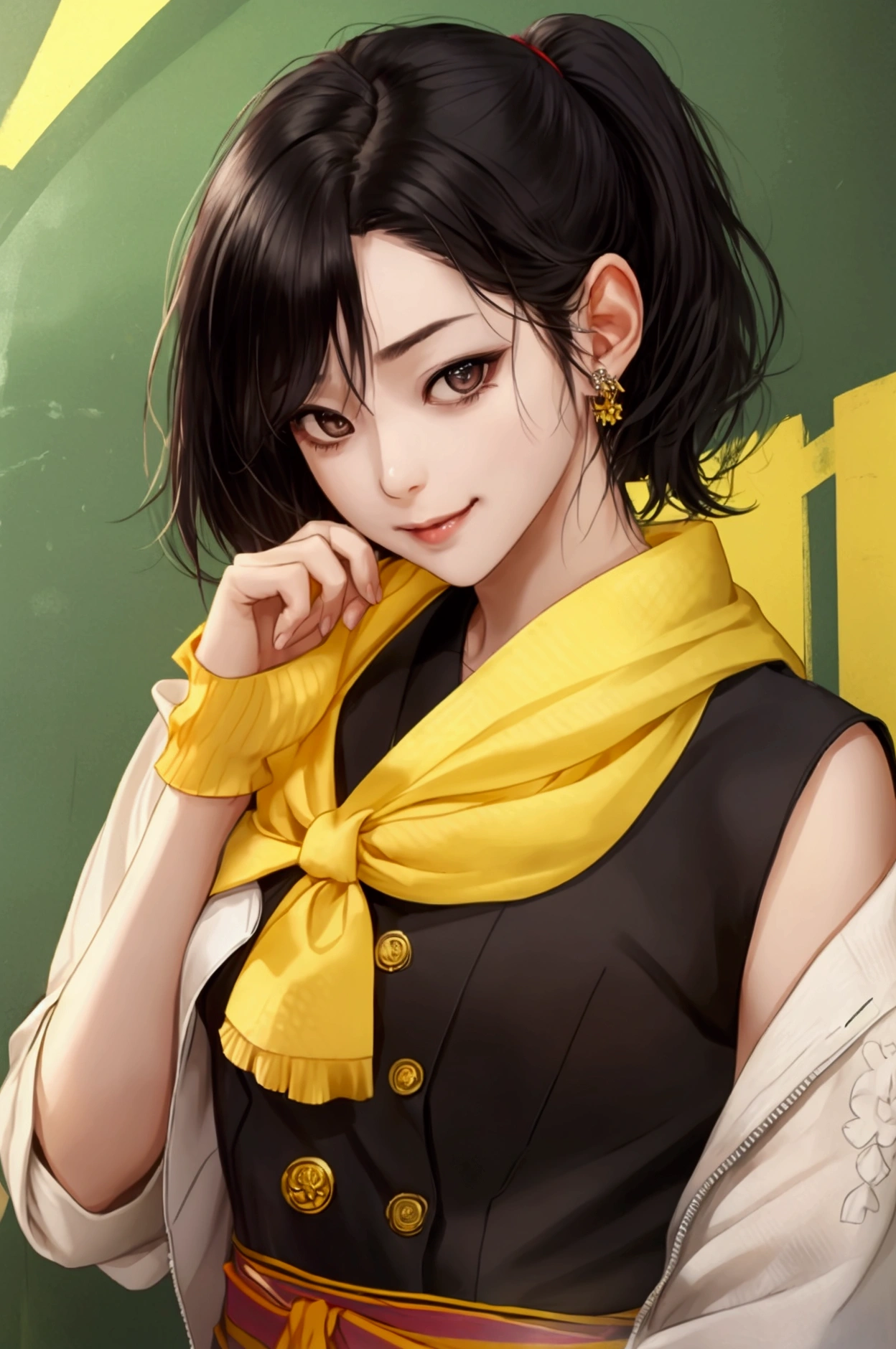 a girl with a cheerful and pleasant appearance. She has a petite body, with short, shoulder-length hair that is always tied in a ponytail. Her hair is jet black, and she likes to wear colorful hair clips to add a cheerful vibe. His skin is olive yellow with chubby cheeks, making him look cute. His eyes are black, holding a blackboard with the words "I love Ryuji" and showing it to the audience.