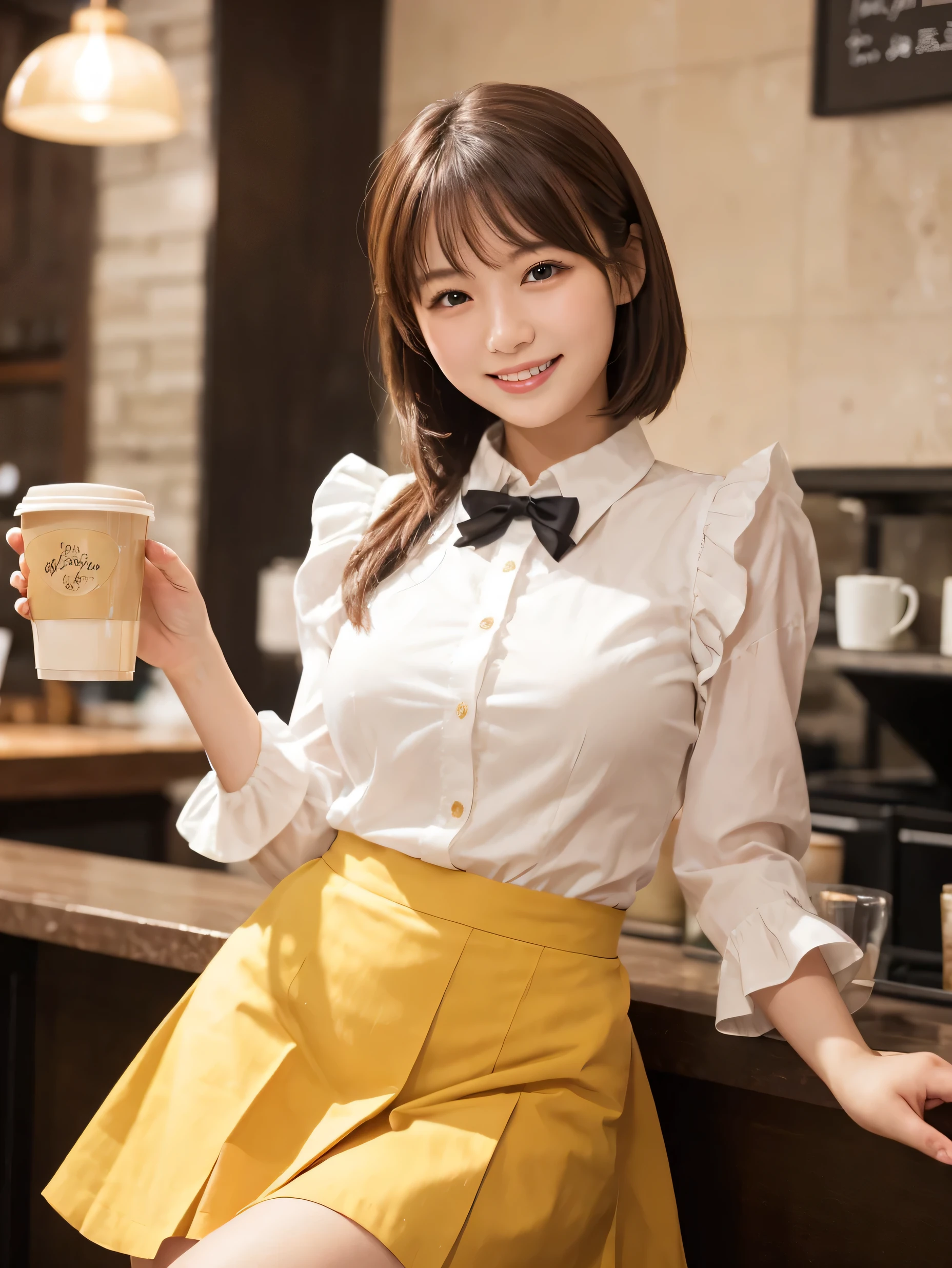 1 girl、(RAW Photos、Highest quality)、(Real、Photoreal:1.4)、Tabletop、Very delicate and beautiful、Very detailed、2k wallpaper、wonderful、Detailed、very detailedCG Unity 8K wallpaper、Super detailed、Age 25、(Yellow waitress outfit)、Pleated skirt、Frills Skirt、Big Breasts、Perfect Style、Frills、ribbon、Soft Light、Beautiful detailed girl、Bob Hair、Puff sleeves、Waitress in a café、smile、Happy Face、coffee shop