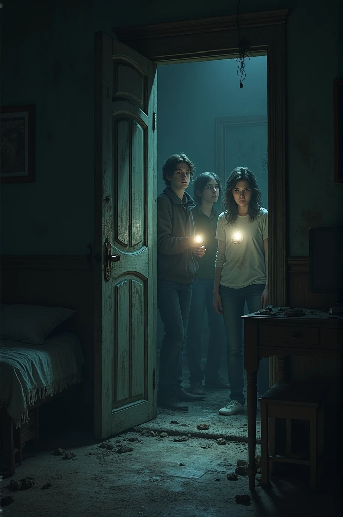 A dimly lit, dusty interior of an old house with furniture covered in sheets. The group of friends is entering through a creaky door, their faces illuminated by the light from their flashlights.