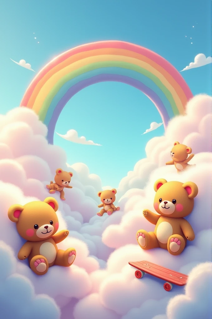 Create a horizontal wallpaper with teddy bears and skateboard , clouds is rainbow