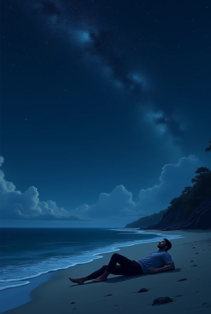 A picture taken from the side of a man lying on the beach on a starry night