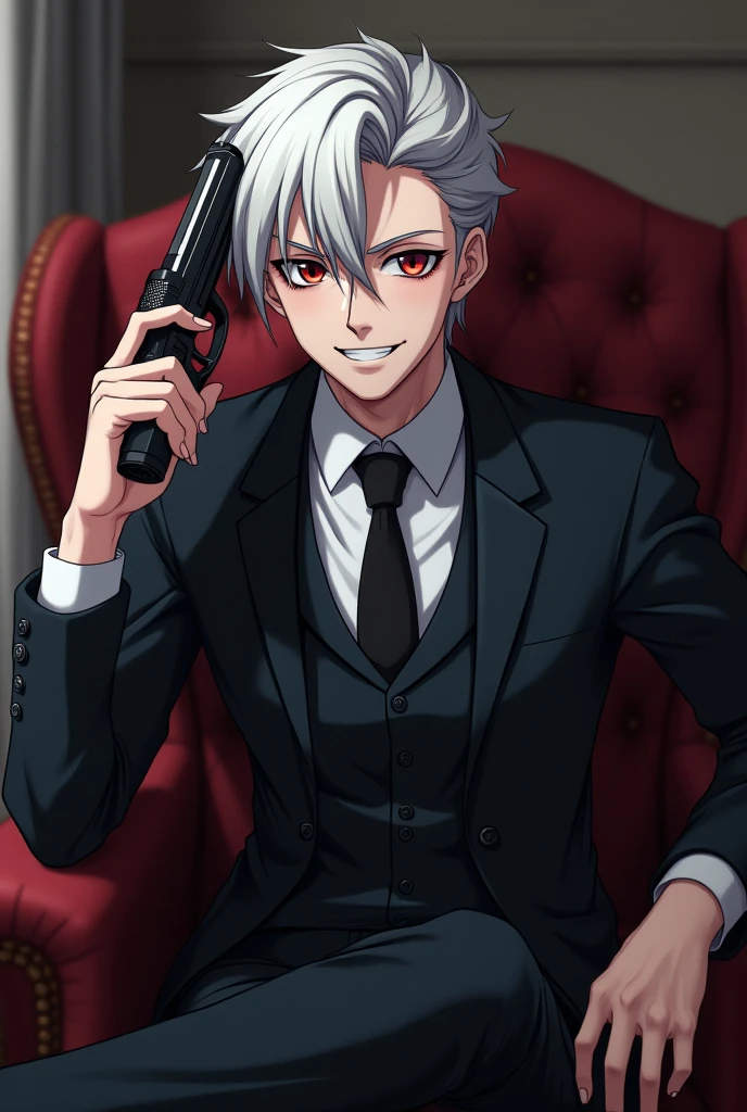 Man with white hair and red eyes, with a slight psychopathic smile, with formal suit, in a room, sitting on a comfortable, pointing a gun to his head . cheered up. anime.