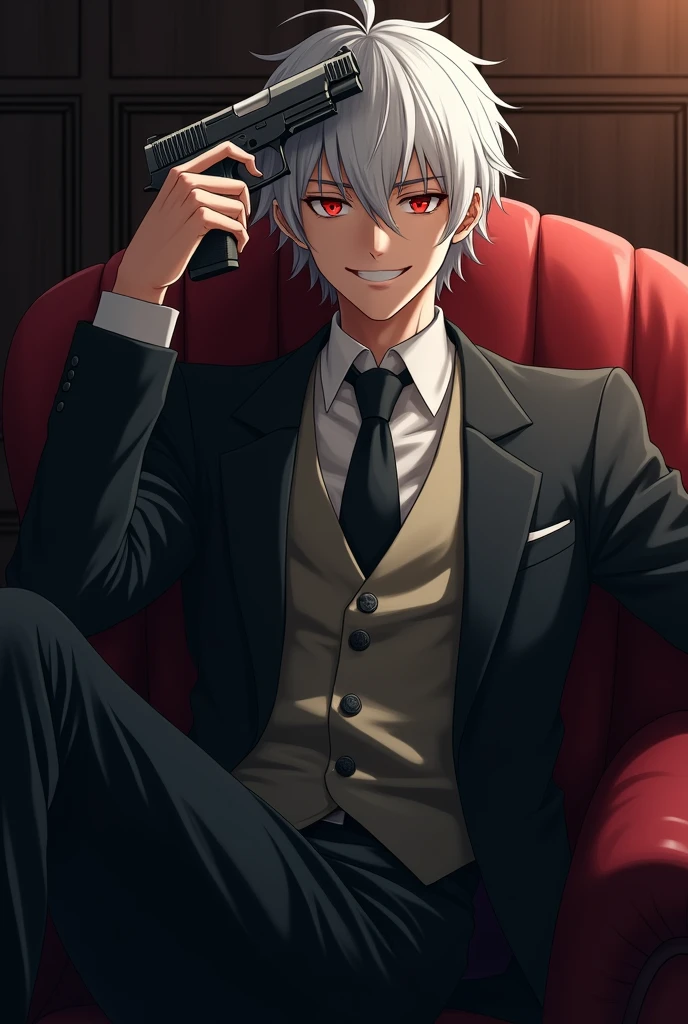 Man with white hair and red eyes, with a slight psychopathic smile, with formal suit, in a room, sitting on a comfortable, pointing a gun to his head . cheered up. anime.