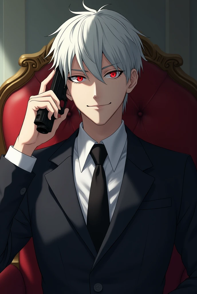 Man with white hair and red eyes, with a slight psychopathic smile, with formal suit, in a room, sitting on a comfortable, pointing a gun to his head . cheered up. anime.