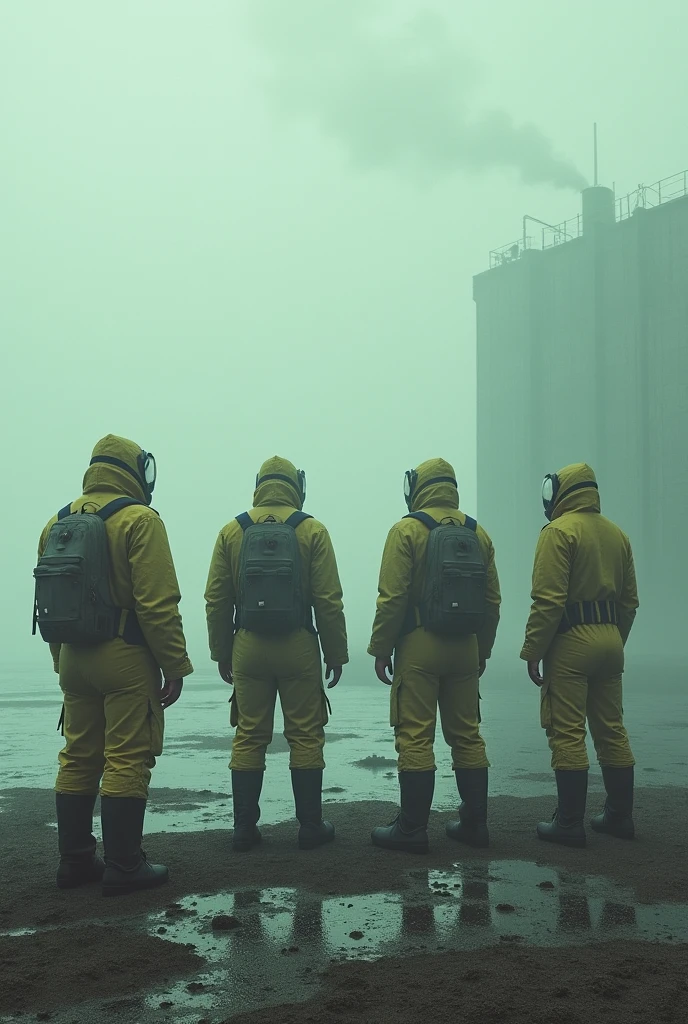 floor, polluted sea and sky, and people watching with anti-pollution suits 
