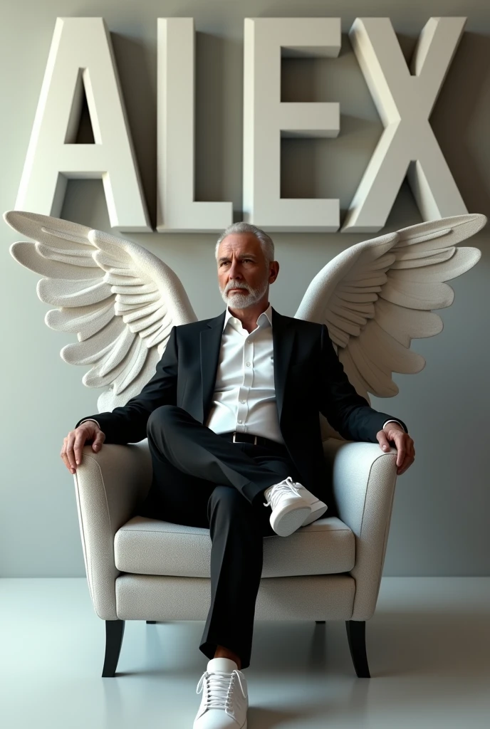 Create a realistic image for a profile picture where a 3 “Man”,With a Black suit, casually on a wings back chair, wearing sneakers a white,, the background features "Alex ? in big and capital letters 3d mockup font font on the back wall, there should not be his shadow and there are wings to make it appear as if he is angel. full ultra high detail realisitic qulaity