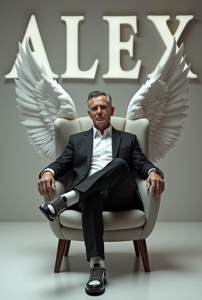 Create a realistic image for a profile picture where a 3 “Man”,With a Black suit, casually on a wings back chair, wearing sneakers a white,, the background features "Alex ? in big and capital letters 3d mockup font font on the back wall, there should not be his shadow and there are wings to make it appear as if he is angel. full ultra high detail realisitic qulaity