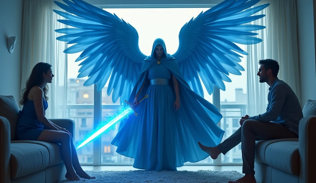 ultra realistic image of archangel michael blue tunic and cape with hood, with his blue flame sword, in the midst of couple conflict , convey depth, in the background the modernist room of a house