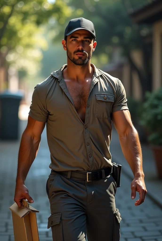 A male delivery man in uniform,4K,best quality,Ultra-high resolution,The translucent sweat-soaked cloth sticks to the body