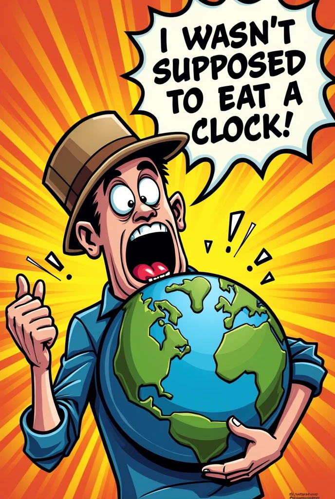 While I can't create images directly, I can describe how you might design the comic-style poster:

1. **Background**: Use a bright, vibrant color or a simple gradient to make the poster eye-catching.

2. **Central Character**: Draw a person with an exaggerated, cartoonish messenger head. The messenger head should be expressive, with large, expressive eyes and a comically exaggerated open mouth showing surprise or confusion.

3. **Body and Pose**: The person’s body should be in a dynamic, action-oriented pose. They’re holding a globe (Earth) in their right hand, as if presenting it. Their left hand could be raised or making a gesture to indicate emphasis or disbelief.

4. **Text Elements**: Include a prominent, bold comic-style speech bubble coming from the messenger head. Inside the bubble, write: "I wasn’t supposed to eat the clock!" 

5. **Additional Details**: Add exaggerated, comic-style motion lines or effects around the globe and the character to emphasize their action. And show how he eat the clock and show how he hanle the earth 

6. **Coloring**: Use bright, contrasting colors for the character, globe, and text to ensure they stand out.