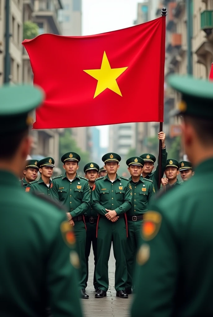 There are many Vietnamese policemen wearing green clothes., holding the Vietnamese flag