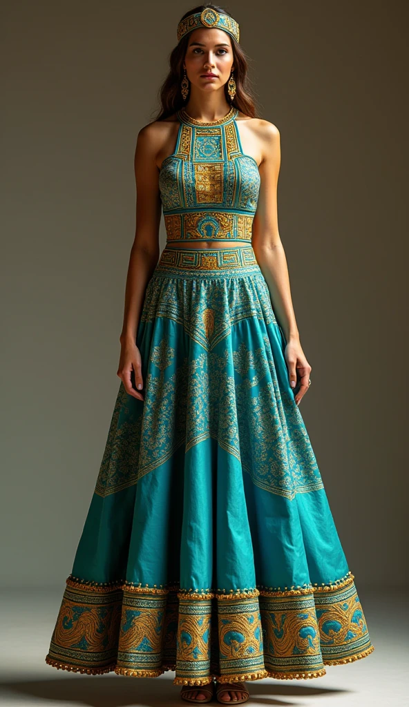 (Aztec Riviera-inspired dress, featuring Aztec warrior motifs and geometric patterns, with a color palette of turquoise and gold:1.2),
(dress has a structured bodice with a halter neckline, adorned with intricate embroidery and beadwork depicting Aztec symbols and patterns in vibrant turquoise and metallic gold, sleeves are sleeveless, highlighting the strong design),
(skirt is knee-length with a flared silhouette, crafted from silk and cotton blend, featuring geometric designs that mimic traditional Aztec art, hemline is decorated with gold trim and small jade beads:1.2),
(Accessories include a gold headpiece and jade earrings, completing the bold and cultural look),