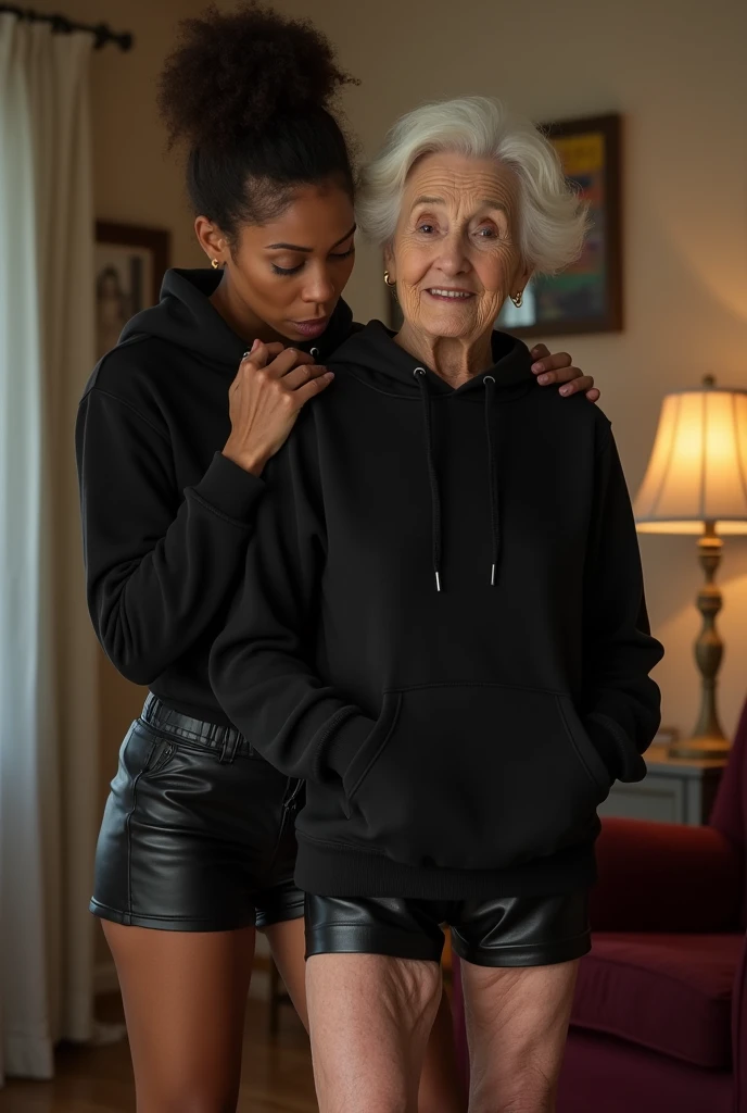 black woman hair in a bun black hoodie black leather short shorts getting fucked in the ass by a old age white grandma in a dress in a living room